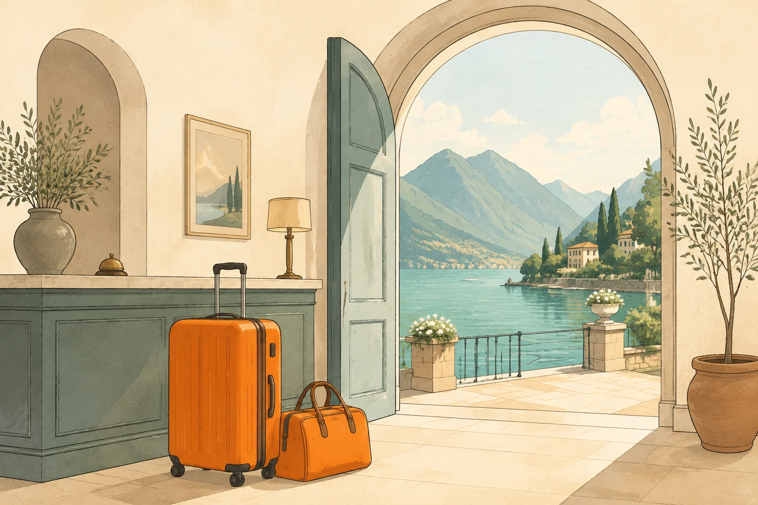 Illustration of an orange suitcase beside hotel reception with a view of Lake Como