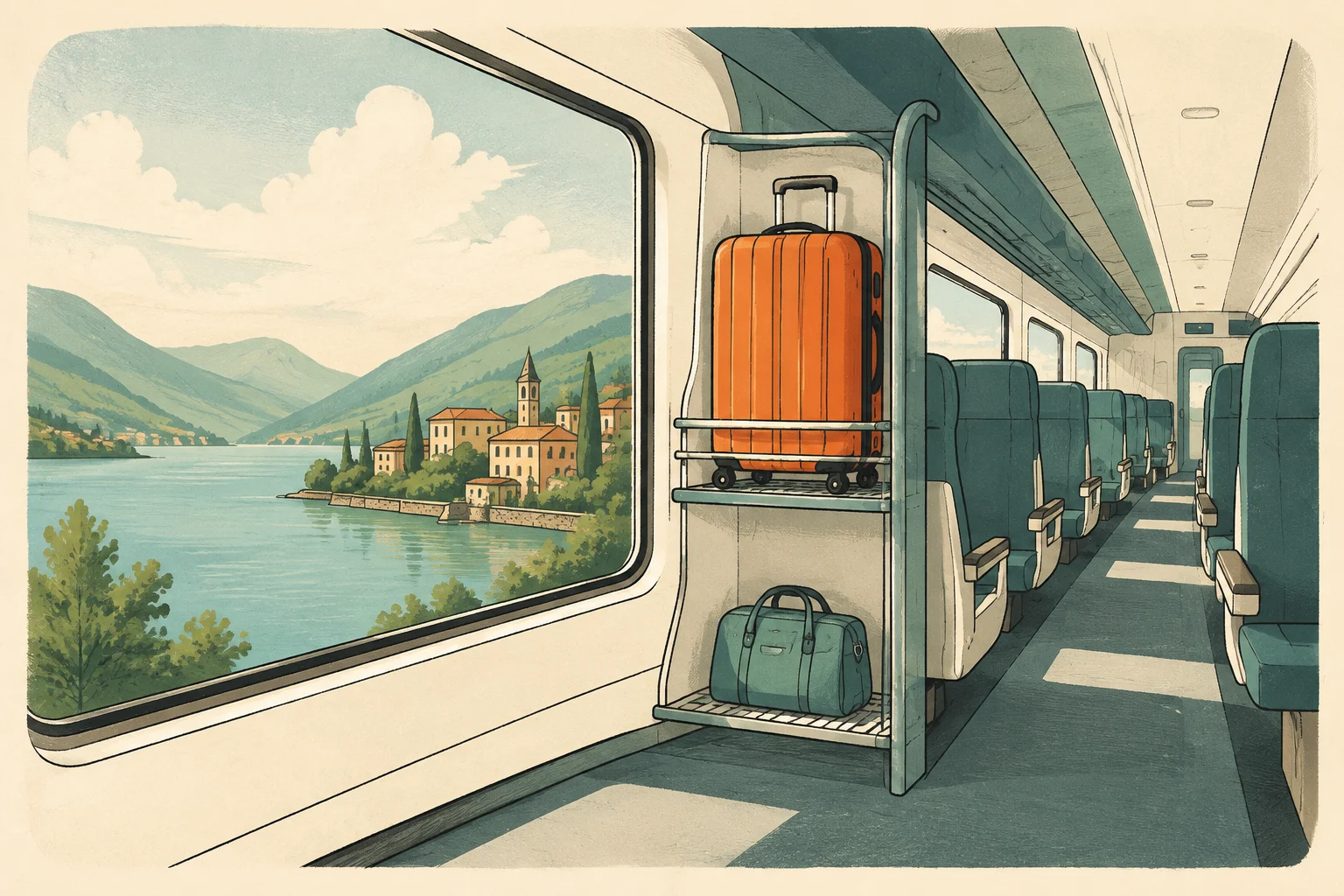 Illustration of an orange suitcase in a train luggage rack beside a window overlooking an Italian lake