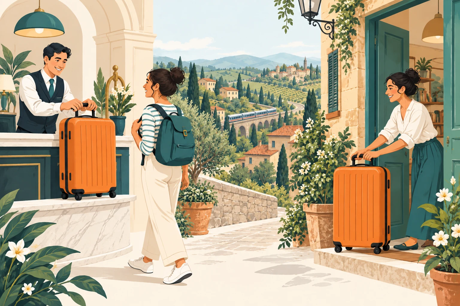 The same orange suitcase leaving an Italian hotel and arriving at an apartment while its traveller continues with a daypack
