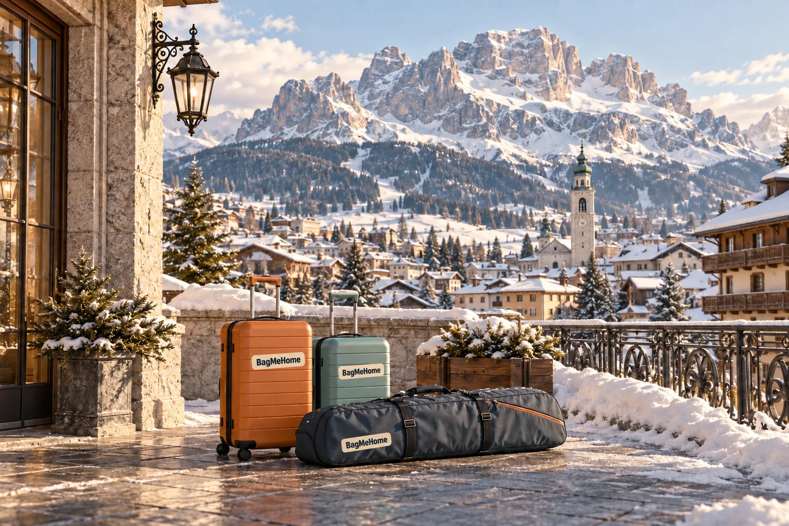 BagMeHome-branded ski bag and suitcases in snowy Cortina d’Ampezzo