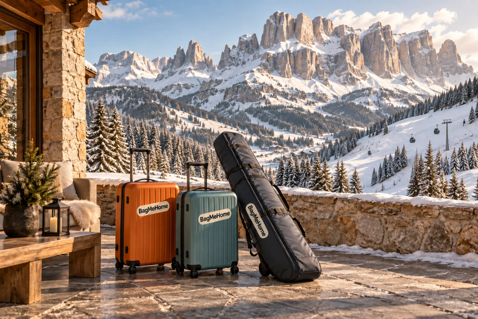 BagMeHome-branded ski bag and suitcases overlooking snowy Dolomites peaks