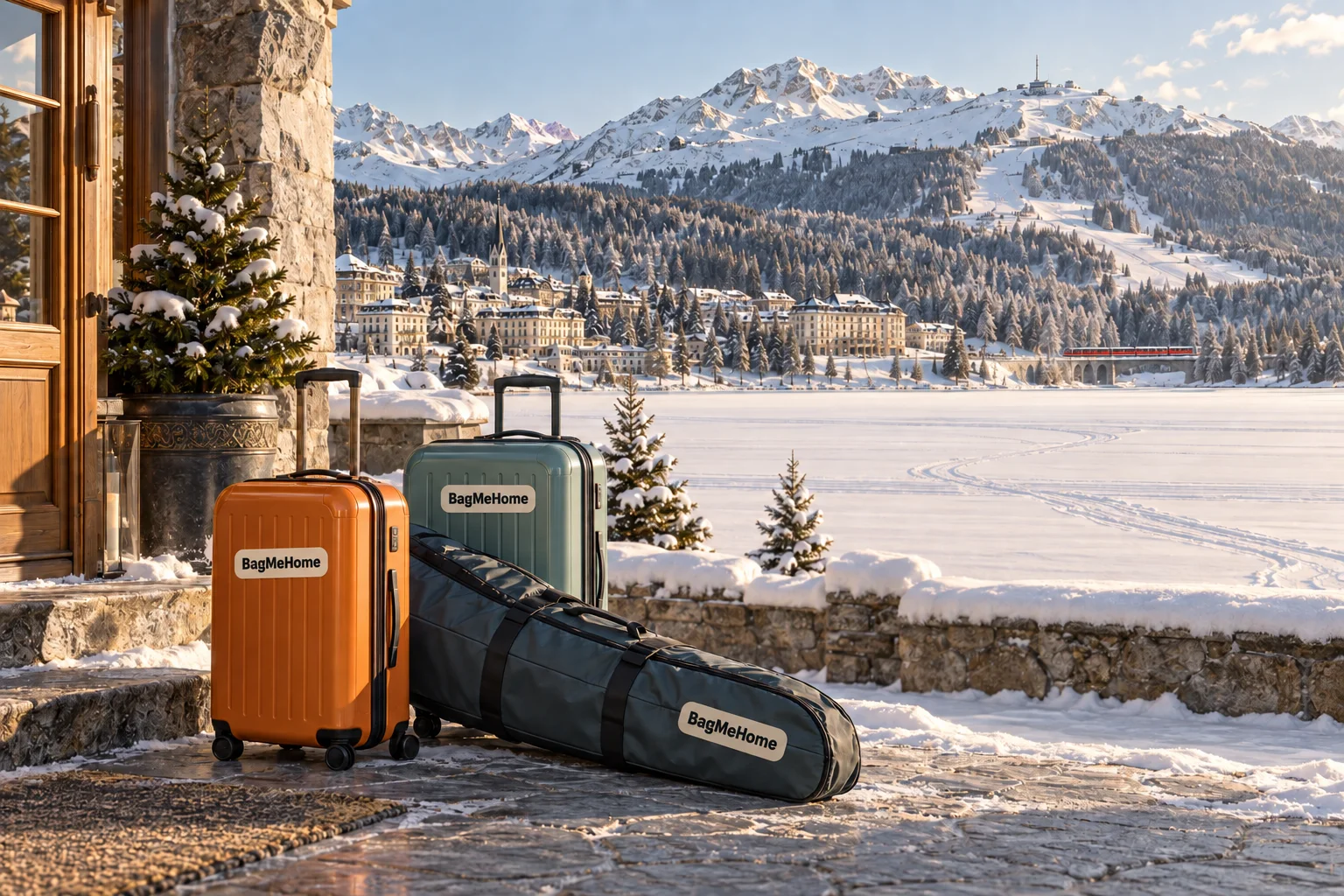 BagMeHome-branded ski bag and suitcases beside the snowy St. Moritz lake