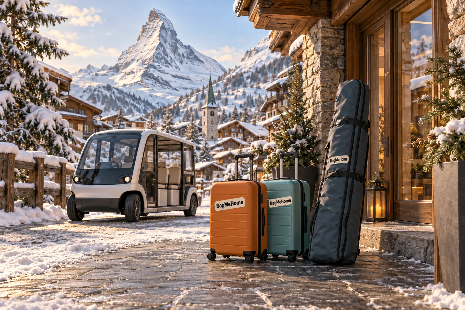 BagMeHome-branded ski bag and suitcases beneath the Matterhorn in Zermatt