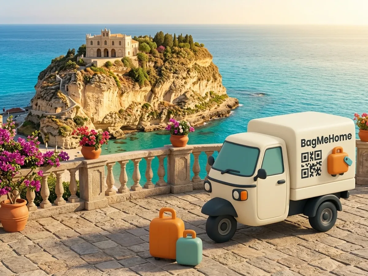 The BagMeHome Ape van and the orange and teal cases on a terrace overlooking Tropea's rock sanctuary and the sea