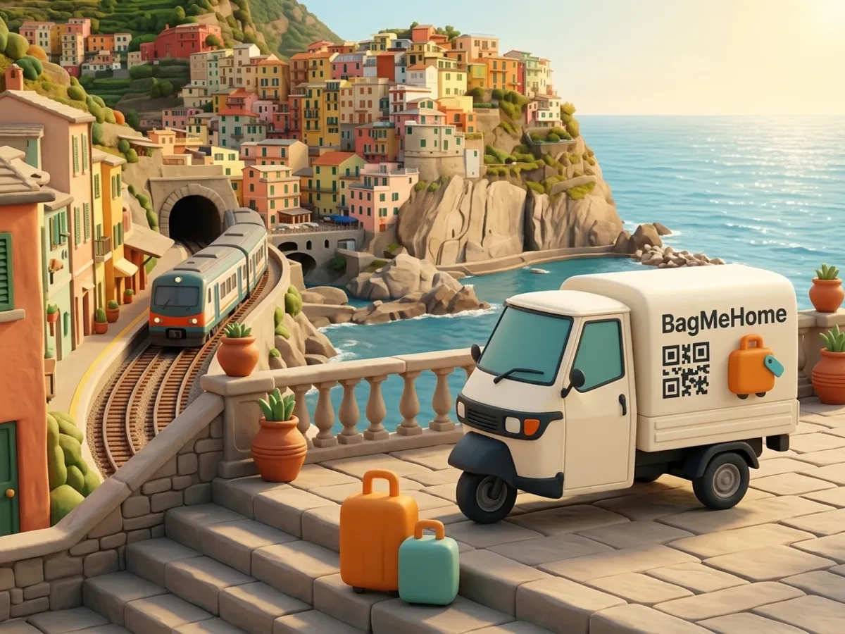 The BagMeHome Ape van and the orange and teal cases on a terrace above Manarola harbor and colorful cliffside houses