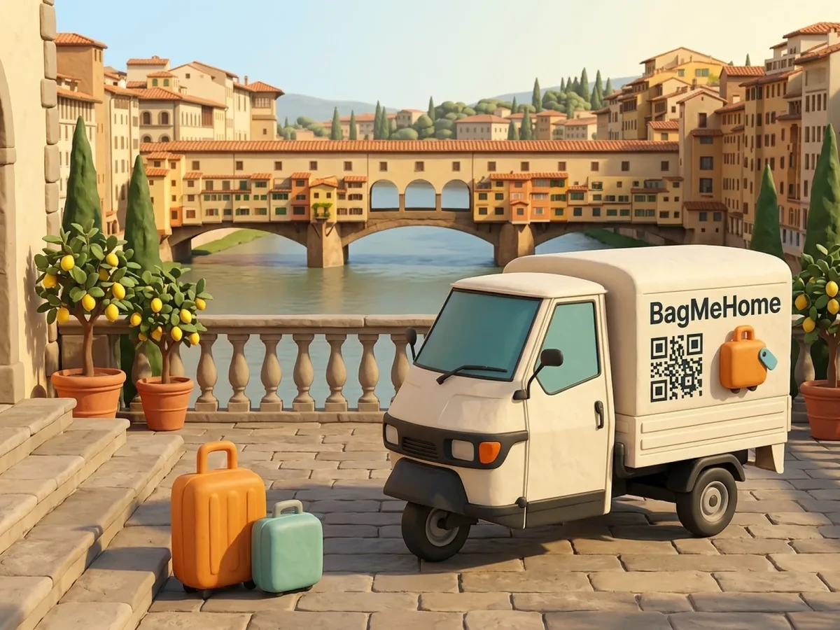 The BagMeHome Ape van and the orange and teal cases on a terrace above the Arno, the Ponte Vecchio behind