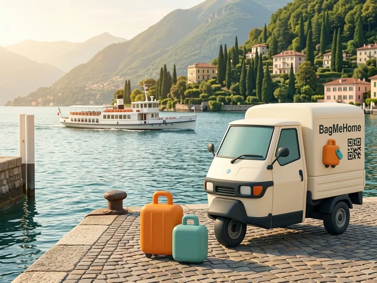 The BagMeHome Ape van and the orange and teal cases on the Bellagio ferry pier, the passenger ferry arriving