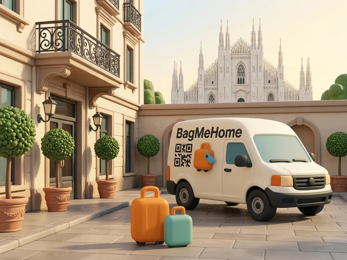 The BagMeHome van at a Milan hotel entrance courtyard with the orange and teal cases, the Duomo spires behind