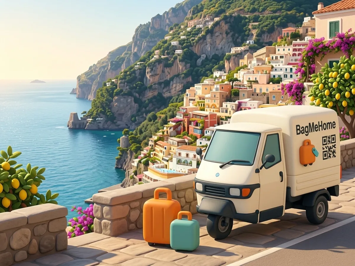 The BagMeHome Piaggio Ape and the orange and teal cases on a Positano terrace overlooking the cliffs and sea
