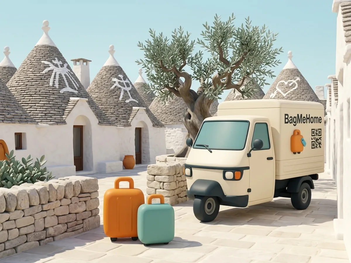 The BagMeHome Piaggio Ape and the orange and teal cases on a limestone lane among whitewashed Alberobello trulli