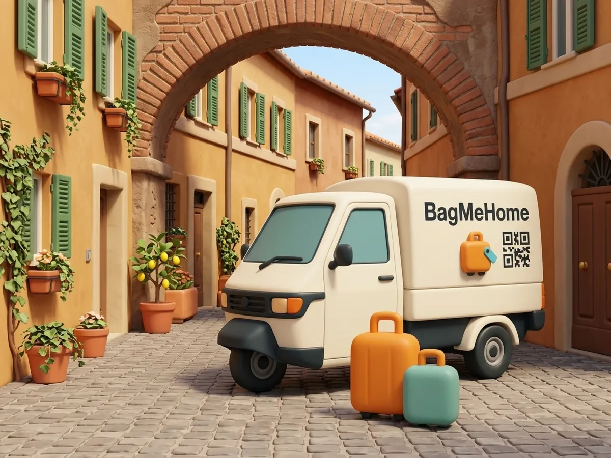 The BagMeHome Piaggio Ape and the orange and teal cases under a Trastevere archway, warm Roman facades behind
