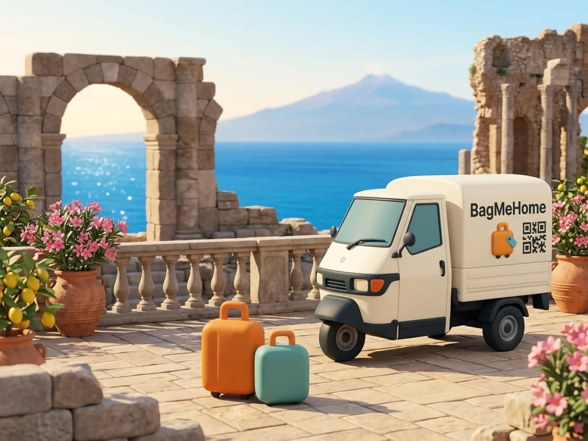 The BagMeHome Piaggio Ape and the orange and teal cases on a Taormina terrace overlooking the Ionian sea and Mount Etna