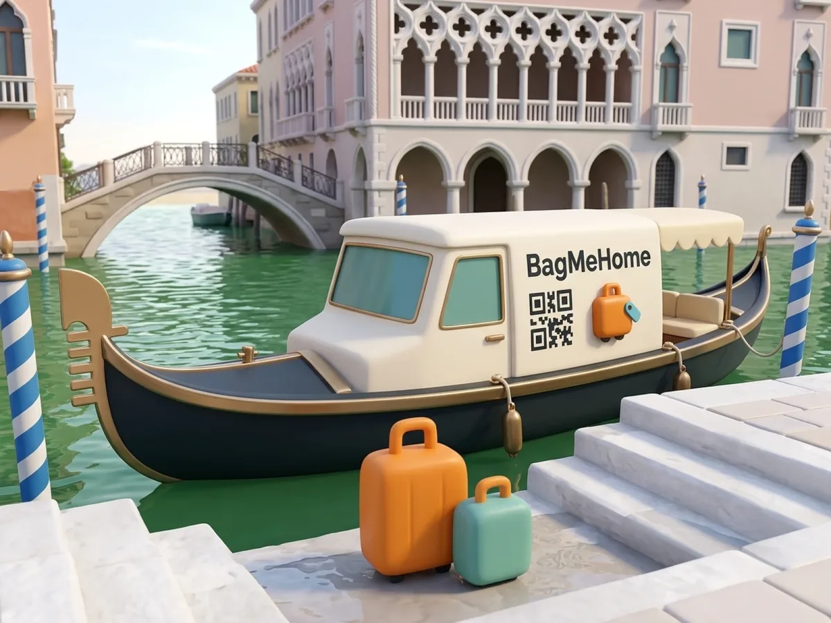 The BagMeHome delivery gondola moored at a palazzo water door, the orange and teal cases standing on the stone steps