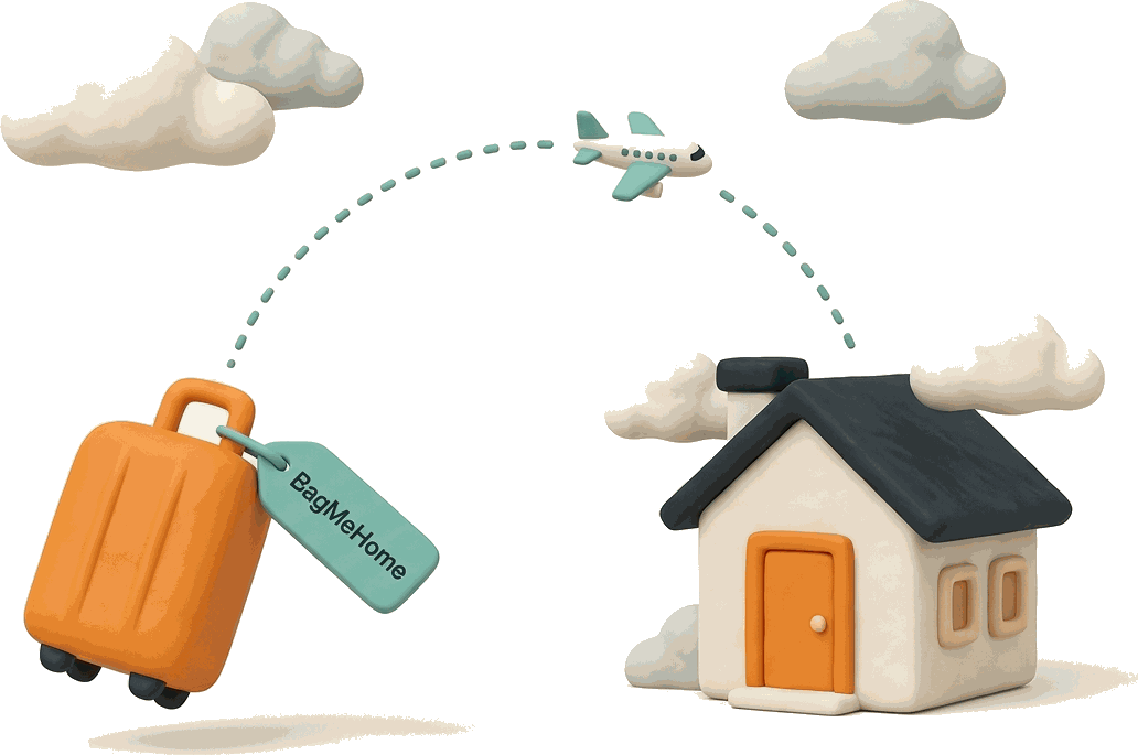 Suitcase flying home along a dotted arc toward a cozy house