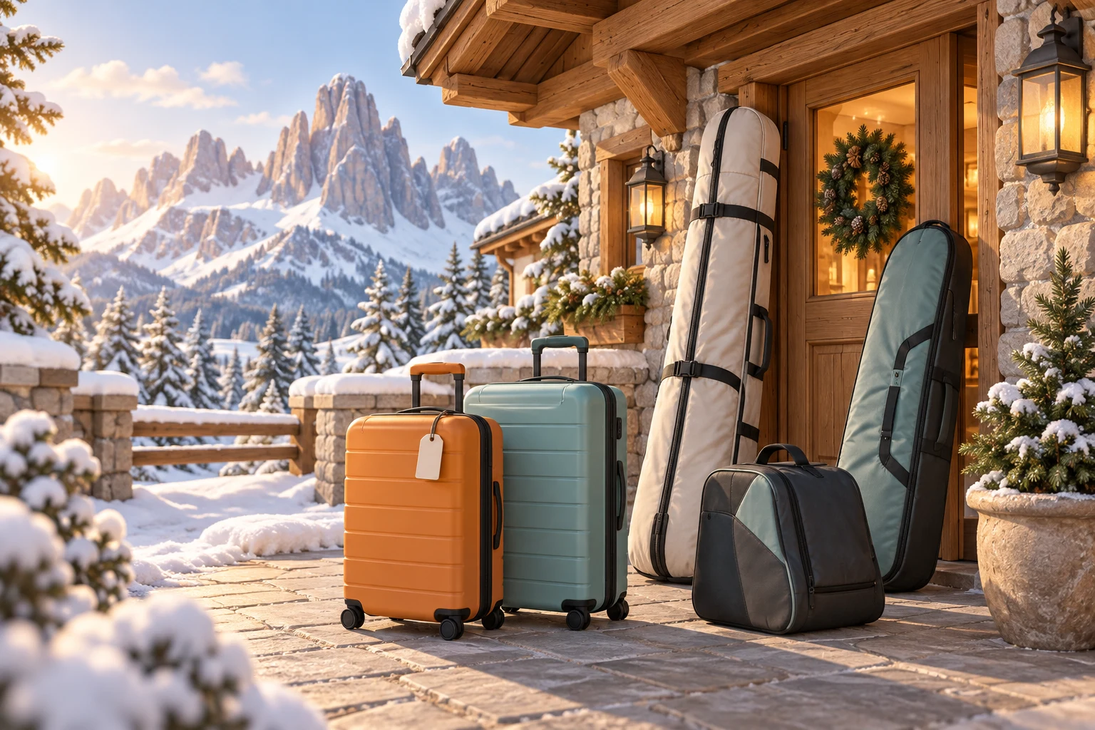 Packed ski equipment and suitcases waiting outside a chalet in the Italian mountains